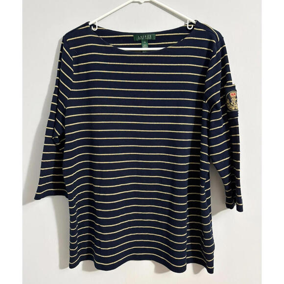 Lauren Ralph Lauren Tops - Lauren Ralph Lauren Womens Shirt 2X Blue Gold Metallic Stripe 3/4 Slv Crest Logo